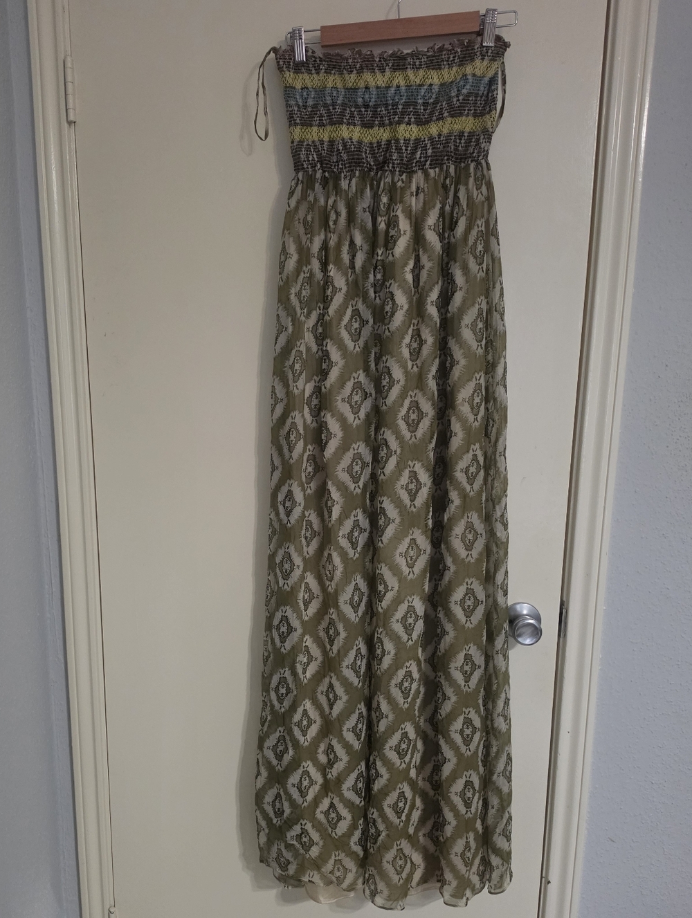 Badgley Mishka 100% Silk Strapless Olive Geometric Patterned Maxi Dress